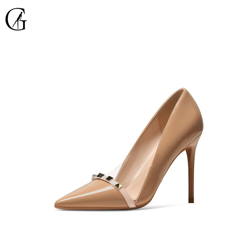 GOXEOU Women's Pumps Patent Leather Dark Nude Rivet Studs Pointed Toe High Heels Party Sexy Fashion Office Lady Shoes 32-46