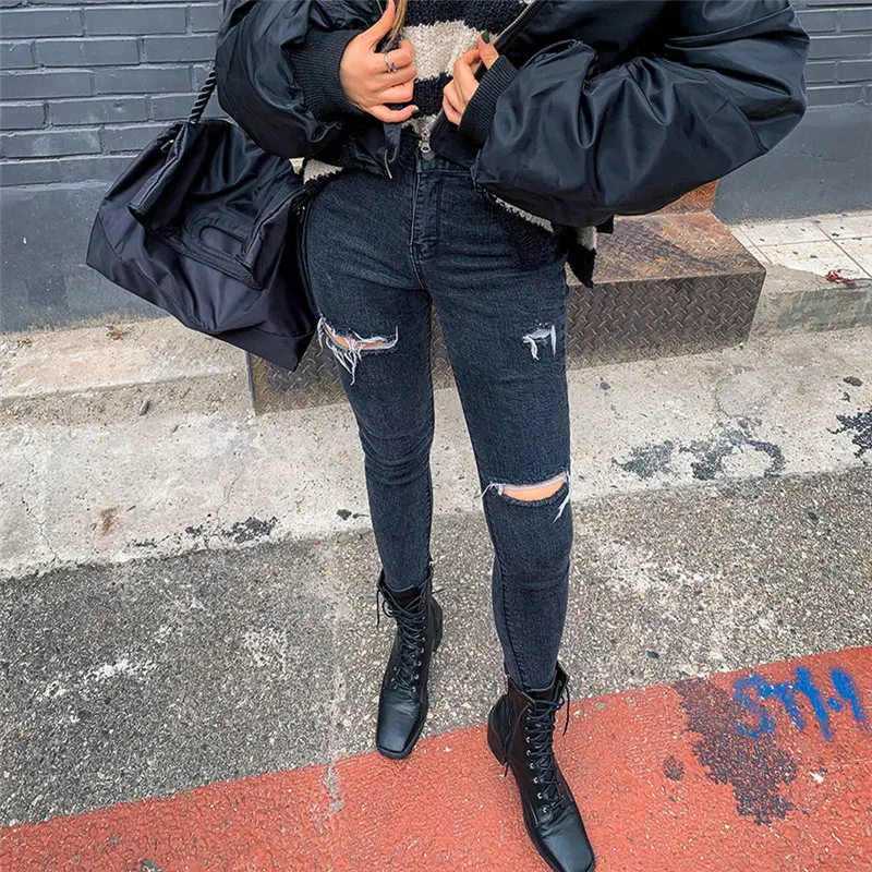 

HziriP 2020 Woman Casual Hole All Match Solid High Waist Streetwear Slim High Quality Jeans Denim Skinny Chic Ankle-Length Pants