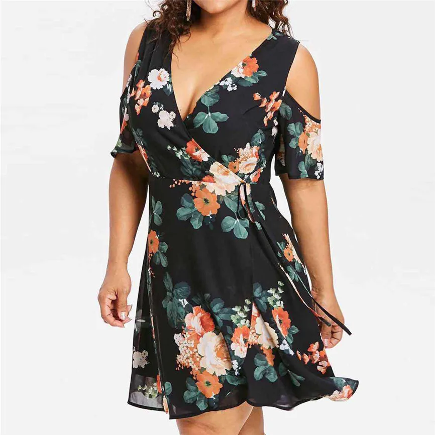 Женские летние свободные платья с цветочным принтом глубоким v-образным вырезом