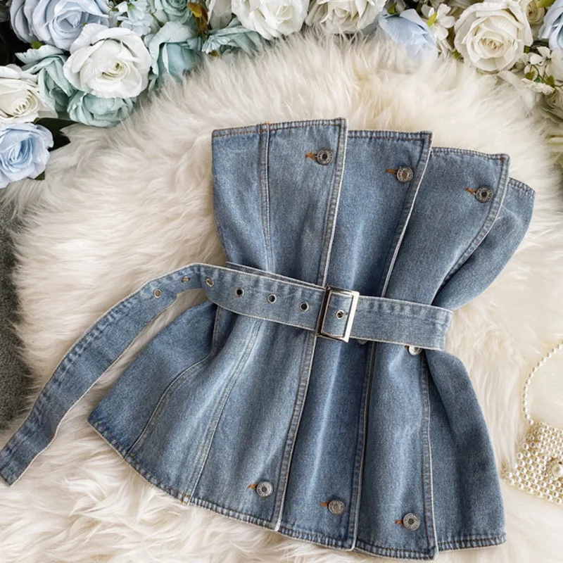 

Женский джинсовый Топ без бретелек, с открытыми плечами и поясом, Облегающая рубашка на пуговицах, повседневная майка без рукавов, лето 2021