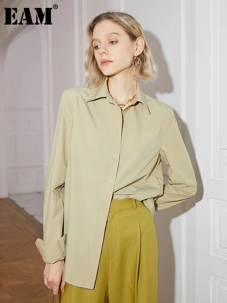 

[EAM] Women Green Brief Big Size Casual Louse New Lapel Long Sleeve Loose Fit Shirt Fashion Tide Spring Autumn 2022 1DE3500