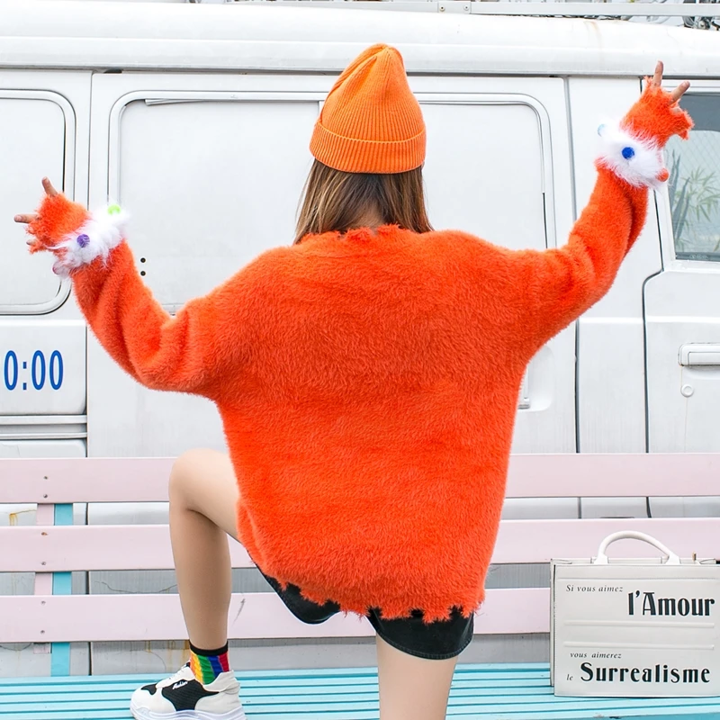 Thai street fashion cartoon chic sequins lazy wind wearing autumn and winter sweater women loose ageing irregular | Женская одежда