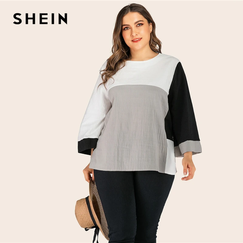 SHEIN/большие размеры; разноцветная блуза с широкими рукавами; Женская Повседневная блуза с круглым вырезом; сезон весна-осень; abaya Plus