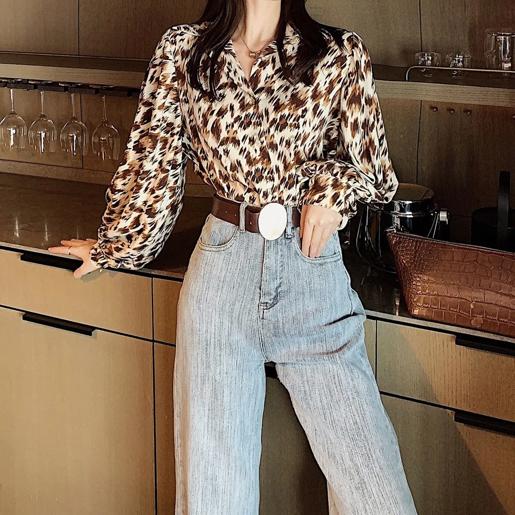 Женская леопардовая блузка с длинным рукавом фонариком повседневная свободная