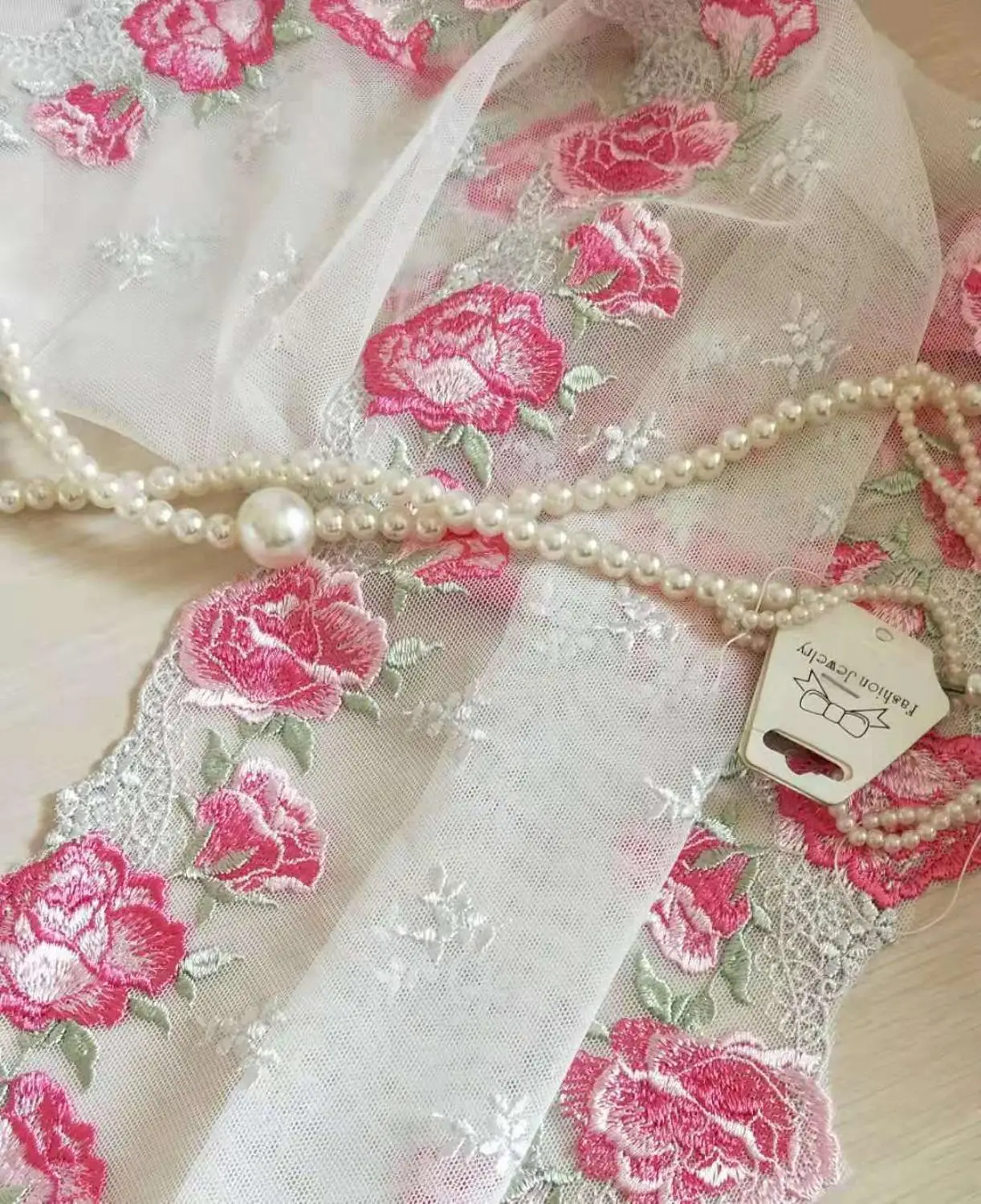 Великолепная Тюлевая кружевная отделка розовые розы Цветочная вышивка кружево 11