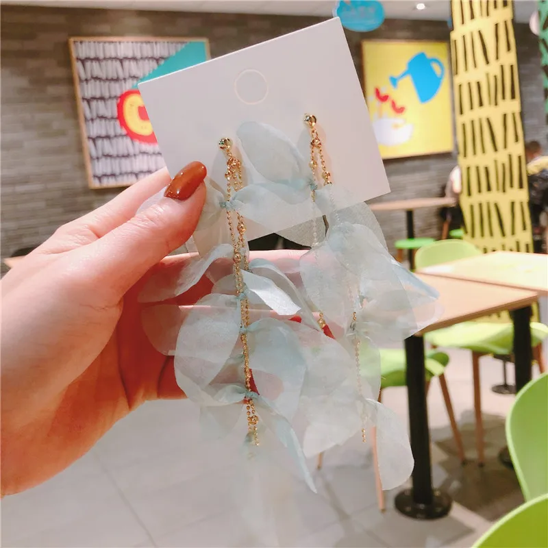 Женские шифоновые серьги тканевый лист длинные большие капли модные аксессуары