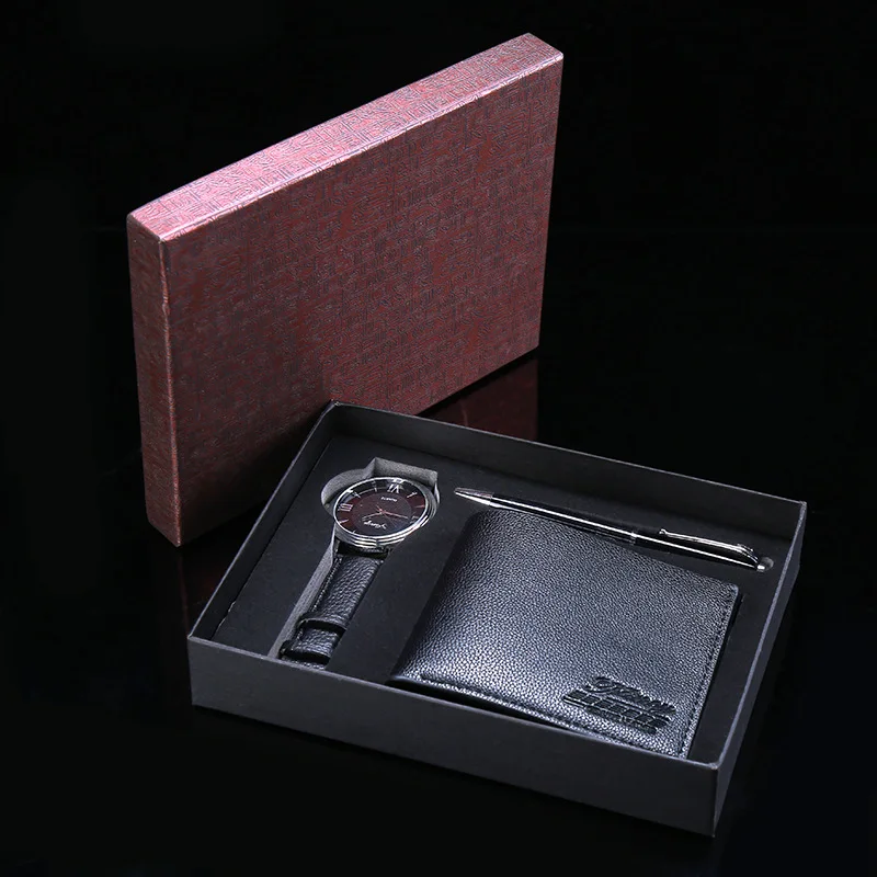 

Men PU Wallet Watch Ballpoint Pen Gift Box Set Simple Men's Wallet Valentine's Day Gift Male Wristwatches Relogio Masculi