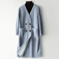 2021 real fur coat jacket 100 wool shearling jackets for women korean autumn winter v neck loose long clothes mujeres abrigos