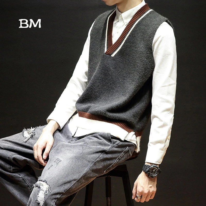 Свитер в Корейском стиле мужская одежда без рукавов kpop жилет Модный японский