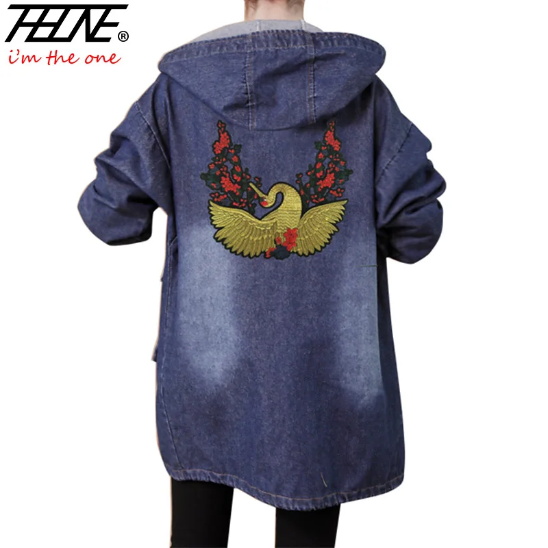 THHONE джинсовые тренчи женские ropa mujer с капюшоном Вышивка плюс размер 4XL свободные
