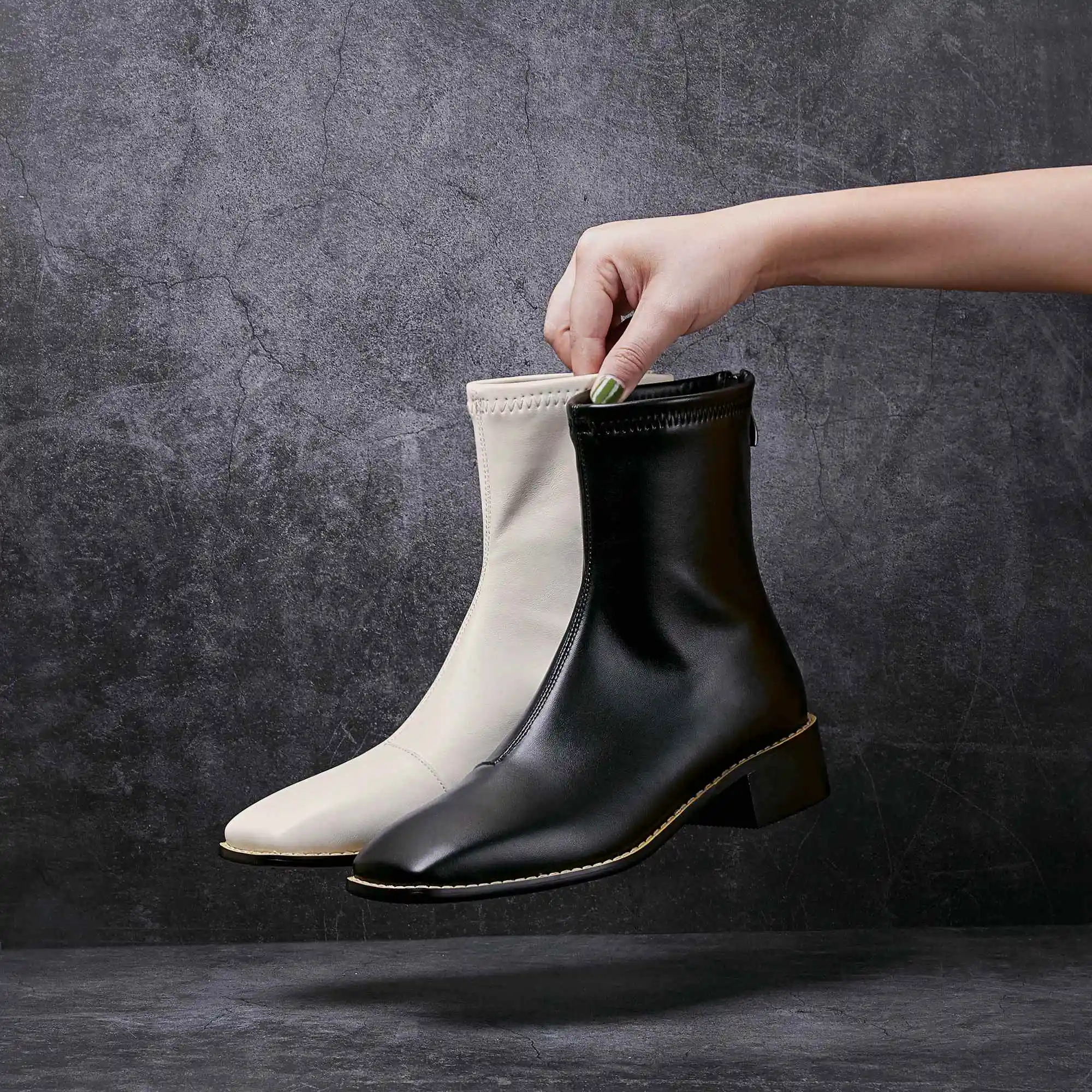 

Lenkisen Chelsea boots stretch gentlewomen solid thick med heel square toe zipper beauty lady daily wear dating ankle boots L46