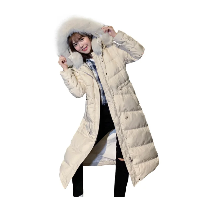 

winter newest hooded duck down jacket with ture fox collar slim fashion popular long women coats waist Korean style lady clothes
