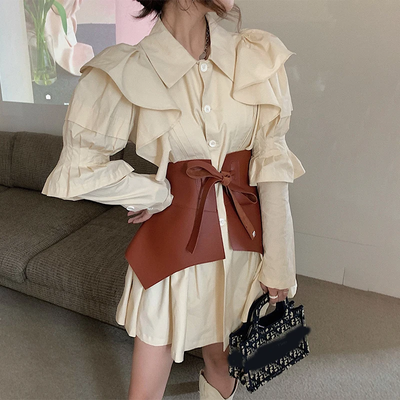 

IEQJ Women Elegant Temperament Ruffles Pleated Mini Shirt Dress New Lapel Long Sleeve Loose Fit Fashion Tide Summer 2021 3F0928