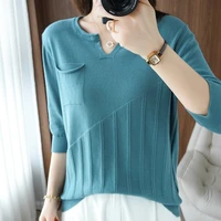 summer womens sweaters thin casual half sleeve v neck female pullover 100 cotton knitted tops cool clothes tees jumper t shitr