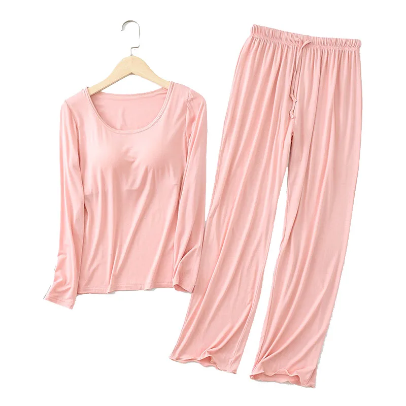 

Solid Women Modal Pajamas With Pad Home Suit 2021 New Spring Long Sleeve Sleeping Tops + Pants Plus Size Homewear Pyjama Femme