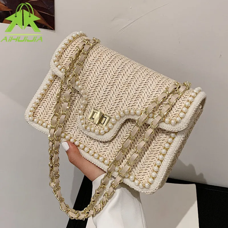 Модная женская соломенная сумка с жемчужной цепочкой лето 2021 новая ручная на