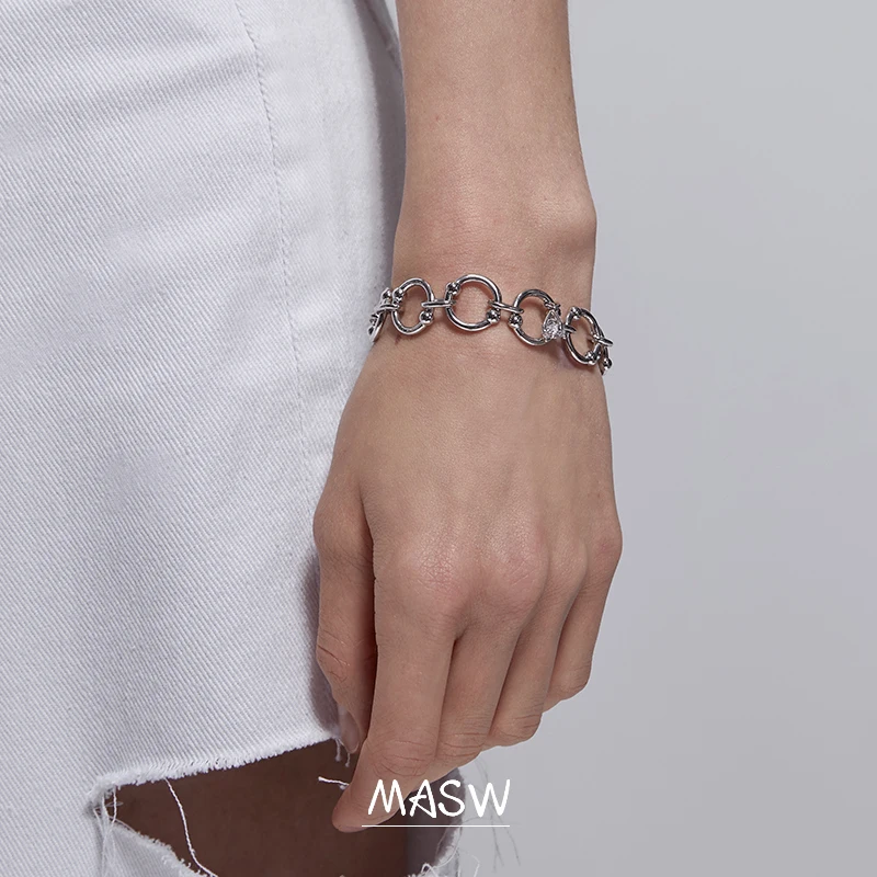 

MASW Original Design Round Circle Hand Bracelet Single One Layer Metal Brass Silvery Plating Women Bracelet Party Gifts Jewelry