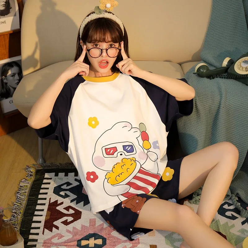 

New Women's Cotton Homedress Pajamas Sets Short Sleeve Shorts Girl's Lovely Nightgown Round Neck Sleepwear Casual Home Clothing