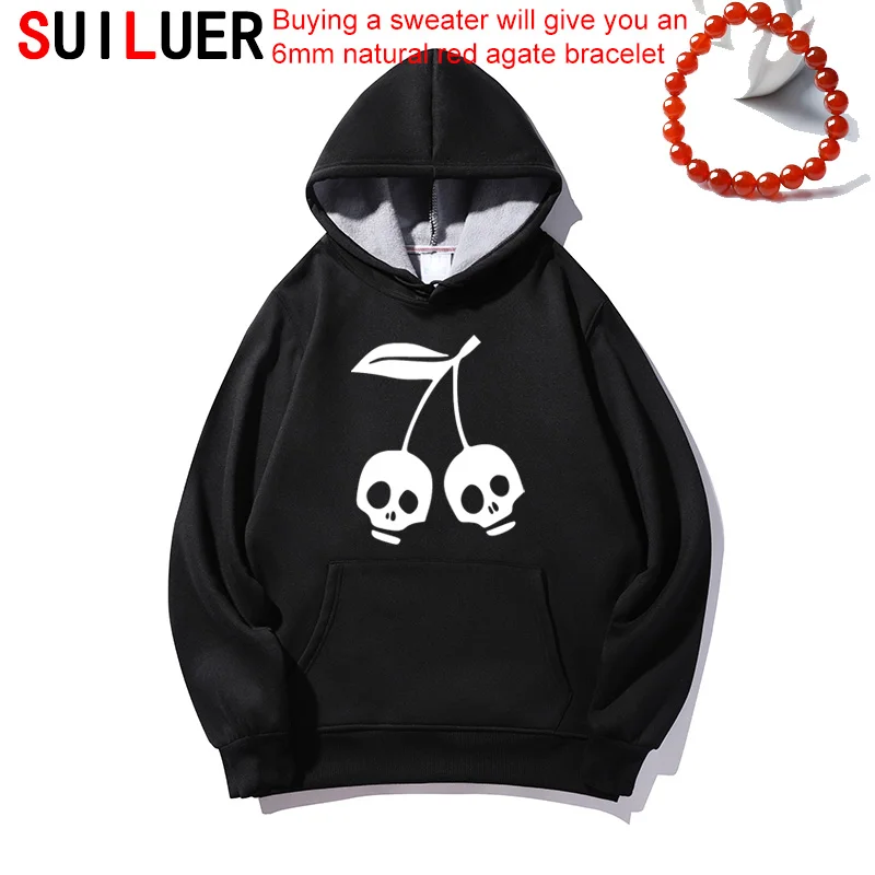 

CHERRY SKULL Print Women Fleece Cotton Casual Funny Hoodies For Girl Sweatshirts Hipster Tumblr Drop Ship Pullovers SL-52