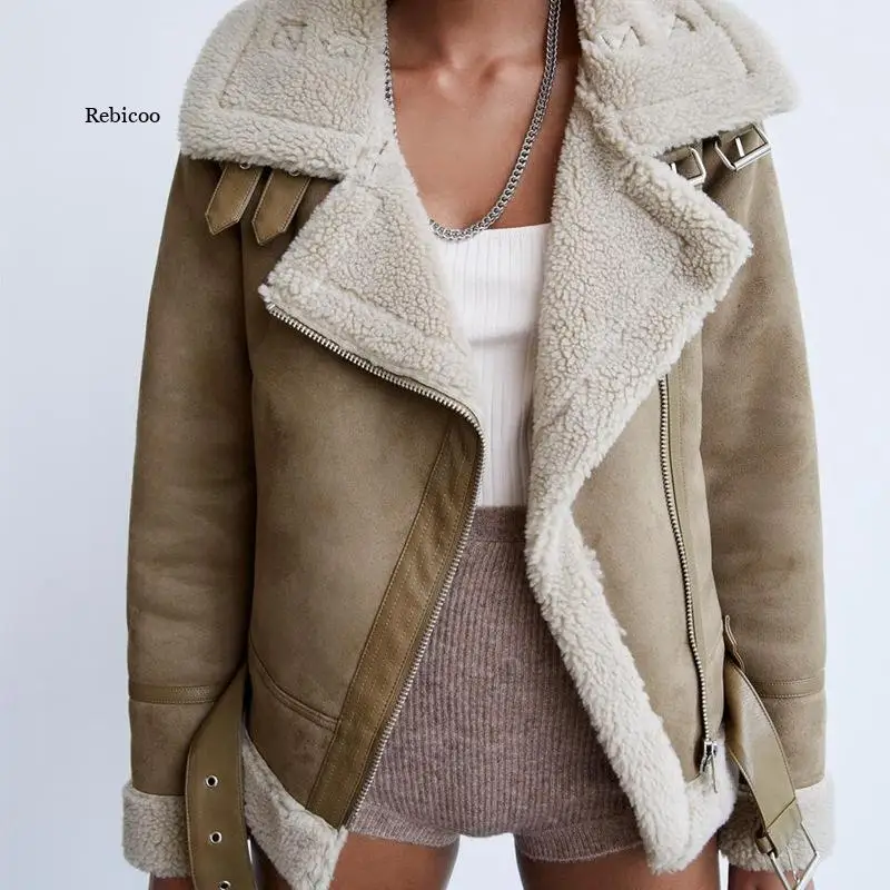 

Faux Fur Leather Jacket Women Wool Coat Winter Thick Motorcycle Jackets Vintage Suede Lambswool Coats Loose Outwear Women Jacket