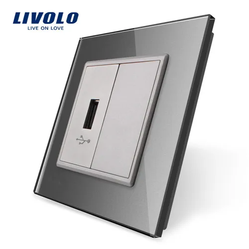 Grey without logo Livolo 4 цвета с украшением в виде кристаллов Стекло Панель, одна банда разъем USB разъем Socket/розетка, C791U-11/12/13/15, без логотипа на Панель - Тип: Grey without logo