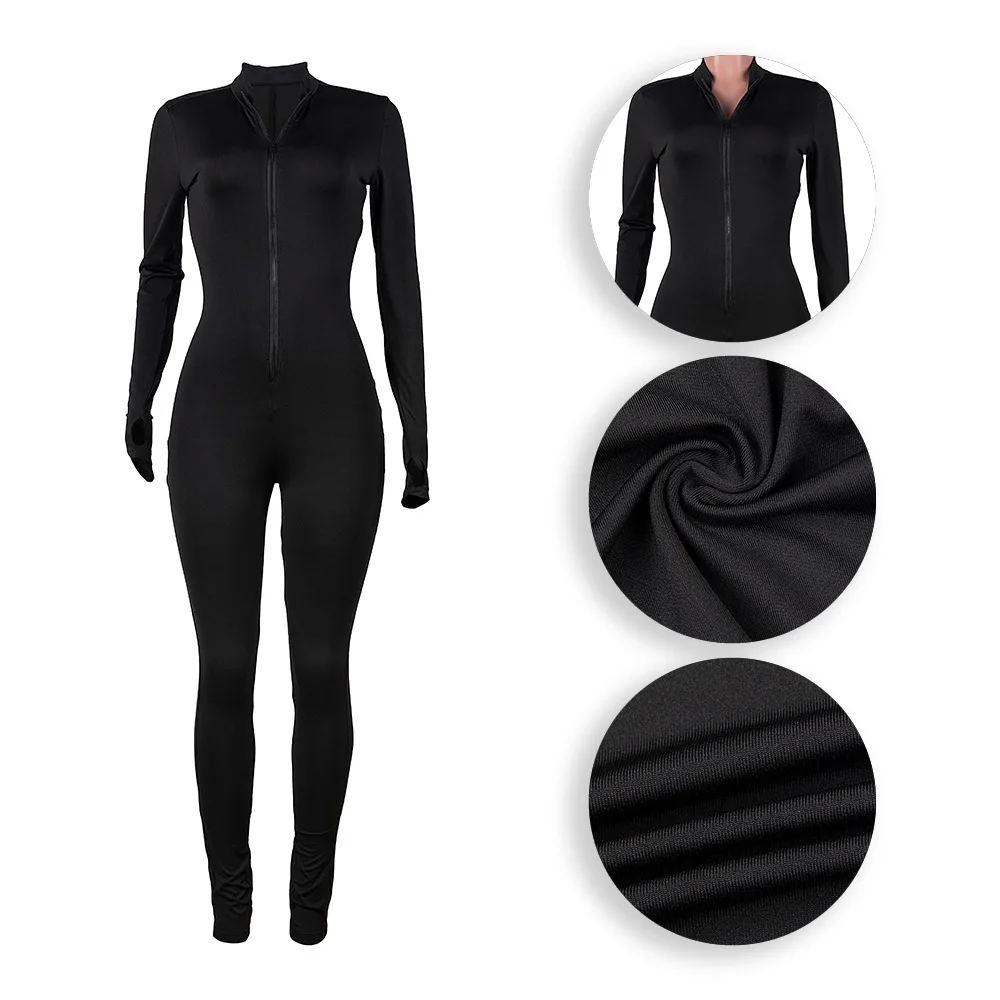 

Women Skinny Long Rompers Jumpsuit Zipper Turtleneck Good Elastic Bodycon Bodysuit 2020 Autumn Solid Neon Jumpsuit Plus Size 5XL