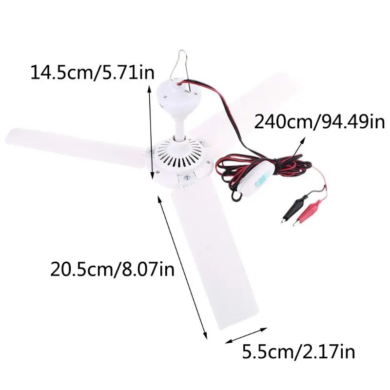 

19.7 inch 12V Ceiling Fan Air Cooler Hanging Tent Fans with Switch 2.4m Cable for Home Bed Camping Outdoor Barbecue