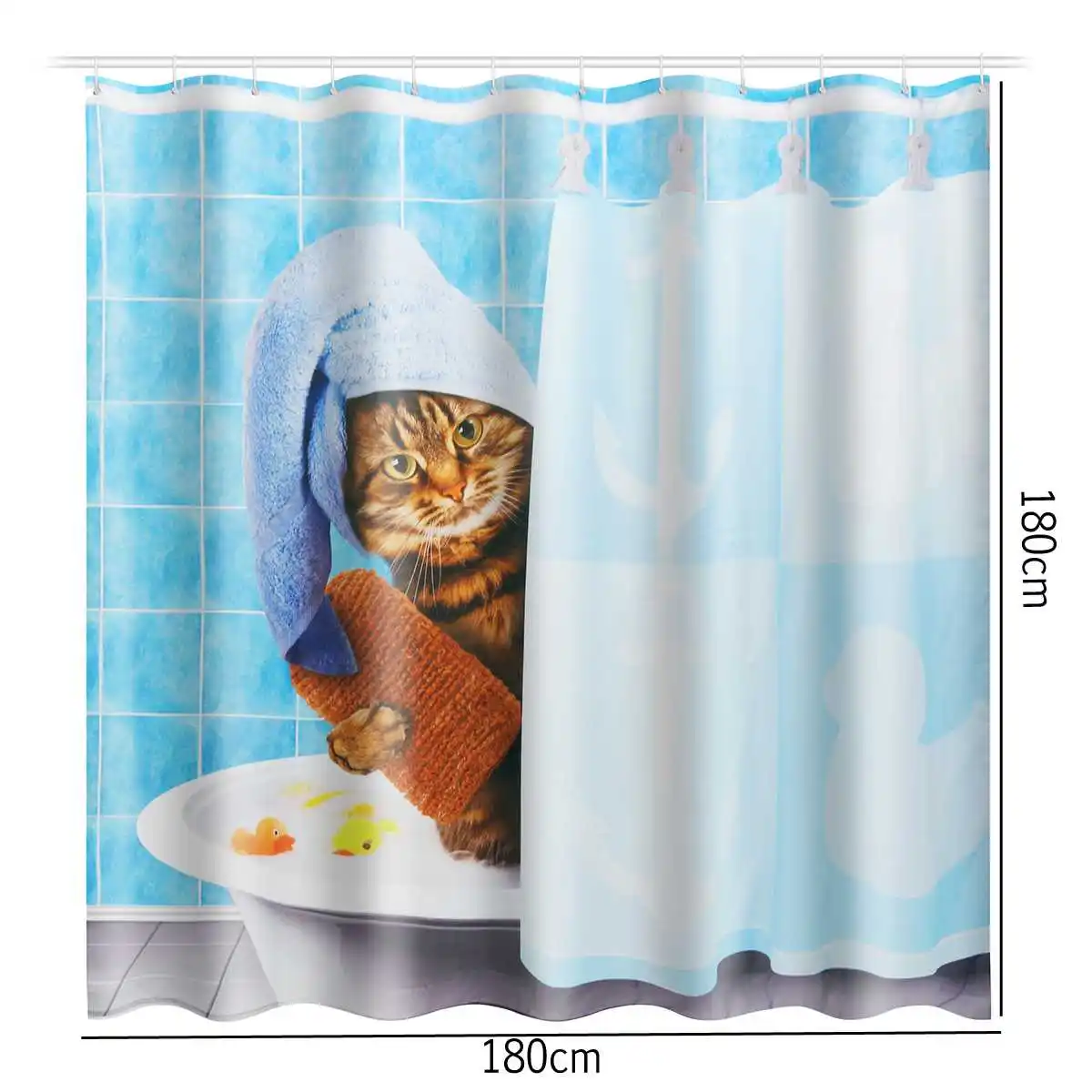 

Cute Cat Bathing Bathroom Polyester Shower Curtain Pedestal Rug Lid Toilet Cover Bath Mat Set Waterproof w/12 Hooks Bath Decor