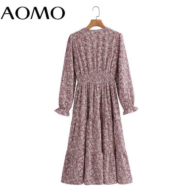 

AOMO Female Dress Floral Print Romantic Dress V Collar Long Sleeve Females Midi Dresses Vestidos 1F319A