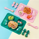 Набор детских силиконовых тарелок, Детская столовая посуда с рисунком динозавра, тарелки + ложка + вилка, пищевые силиконовые тарелки