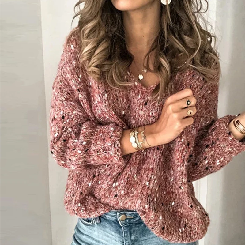 V-neck Red Sexy Women V-Neck Knitted Sweater Casual Solid Autumn Long Sleeve Pullover Tops Elegant Winter Warm Sweaters Jumper Pull Femme - Цвет: V-neck Red