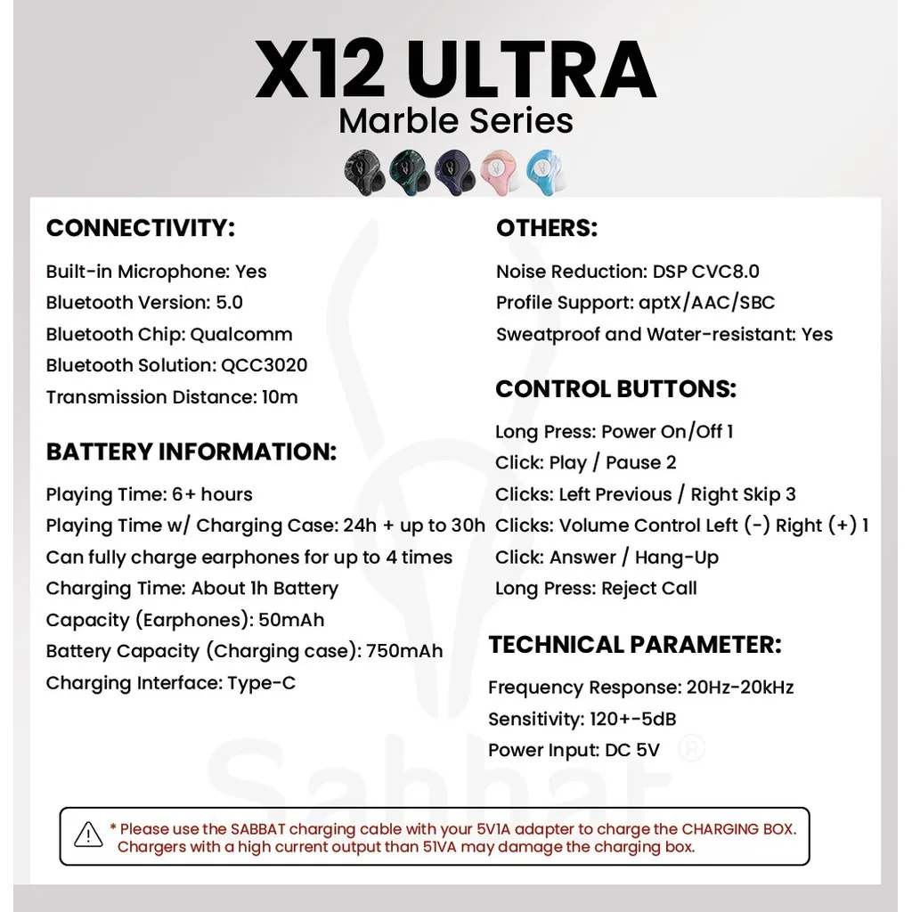 Bluetooth-наушники Sabbat X12 Ultra Marble Series Беспроводная стереогарнитура Qualcomm TWS