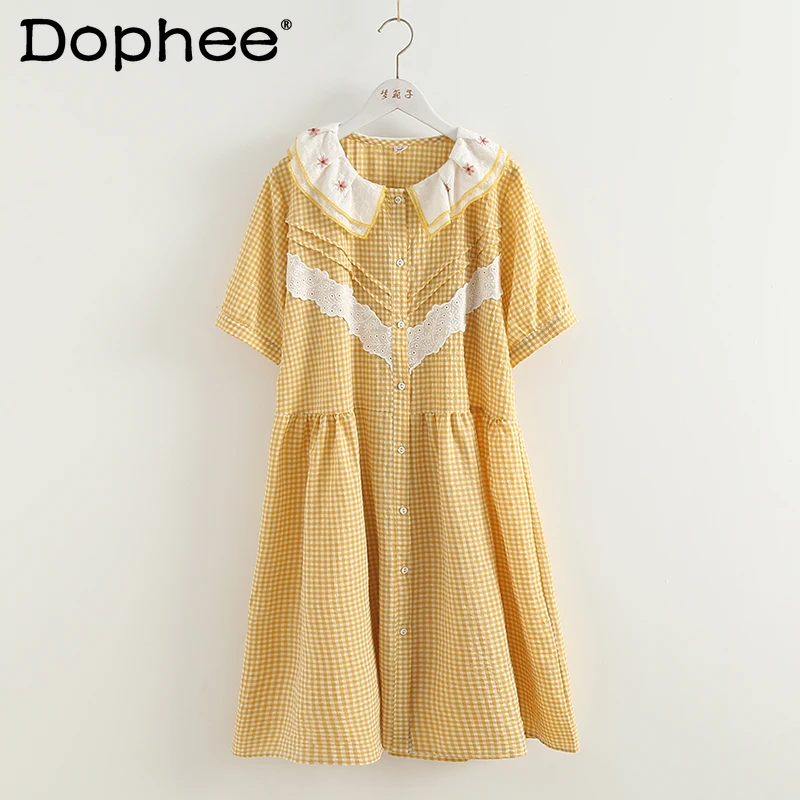 

Летнее кружевное Хлопковое платье в клетку, элегантное платье с цветочной вышивкой и кукольным воротником, платье с коротким рукавом, свобо...