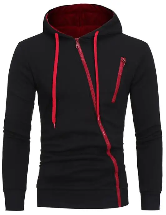 Black Hoodies Мужские толстовки Мода Косой молнии сплошной длинный рукав с капюшоном куртка повседневные тонкие толстовки хип хоп кардиган уличная - Color: Black Hoodies