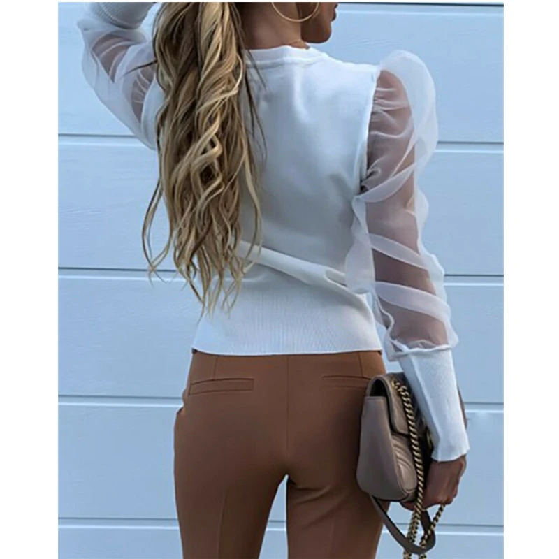 Блузка женская с V-образным вырезом модная рубашка из тюля длинными