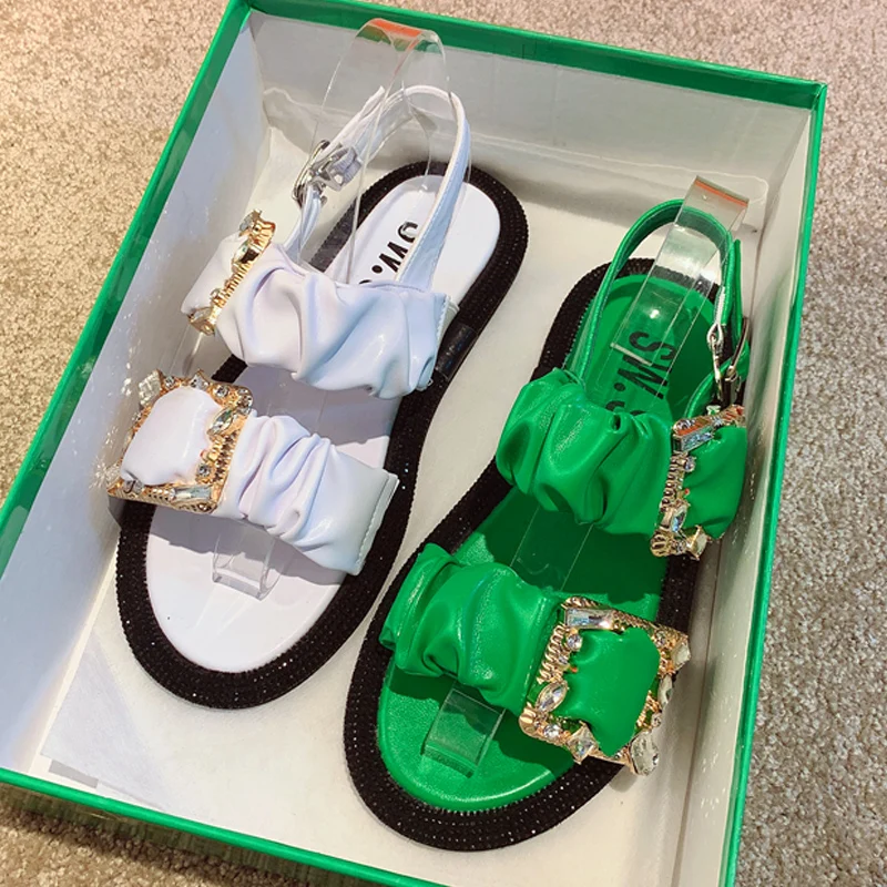 

2021 Summer Women Sandals Soft Comfortable Shoes Women Roman Shoes Flats Sandals Square buckle Slippers Crystal rhinestones