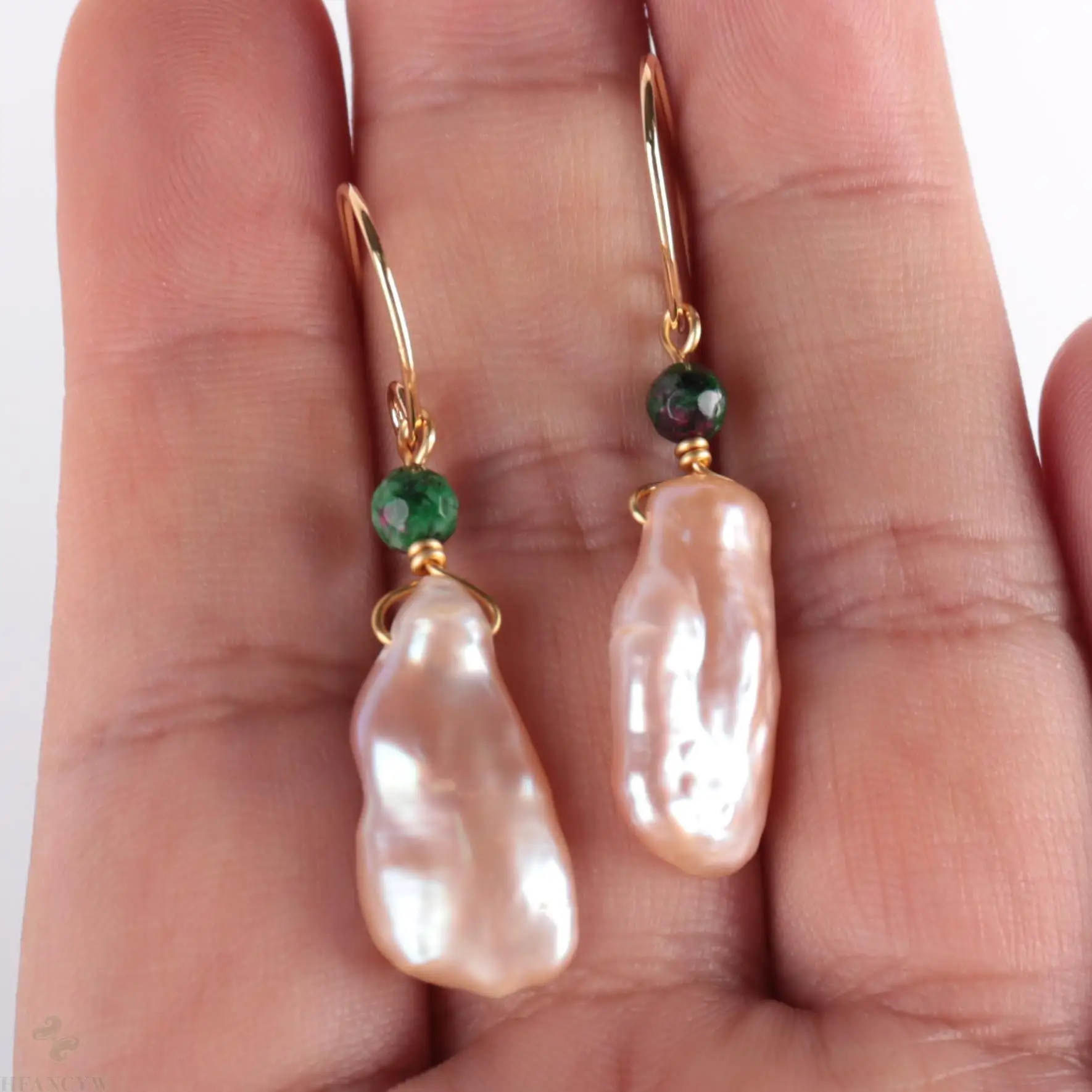 

11-15MM Natural pink baroque pearl Earring 18k Sapphire bead Jewelry Dangle Women