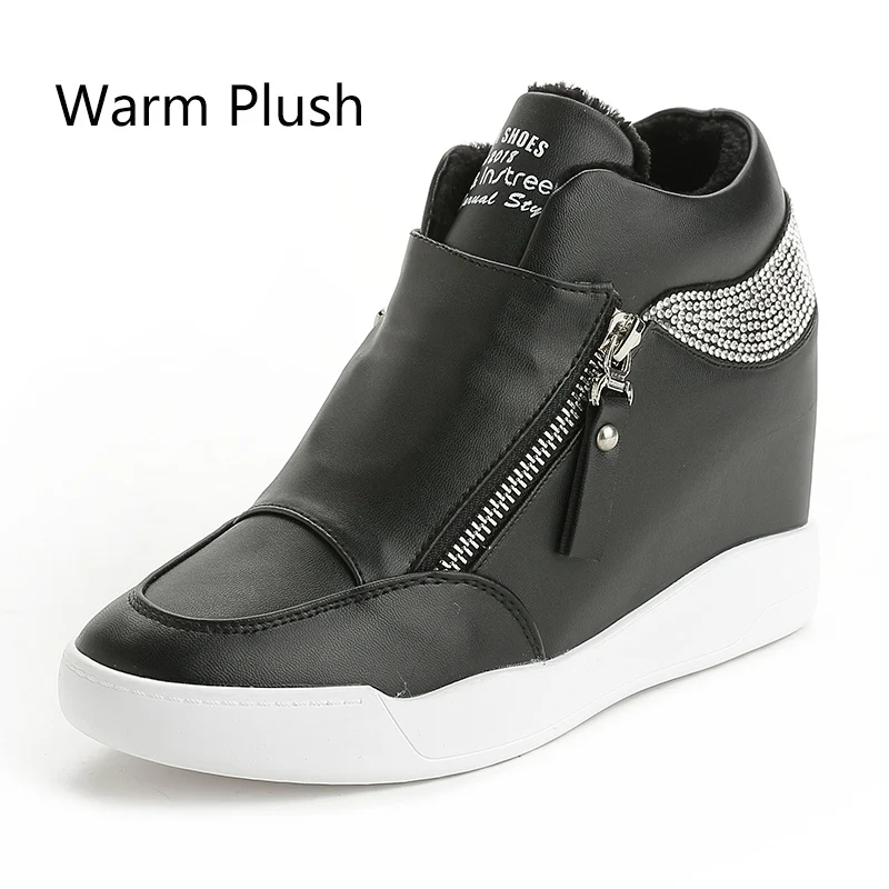 black plush lining Dumoo/осенне-зимняя обувь; женские кроссовки; женские теплые плюшевые белые/черные кроссовки на платформе и высоком каблуке; zapatillas mujer - Цвет: black plush lining