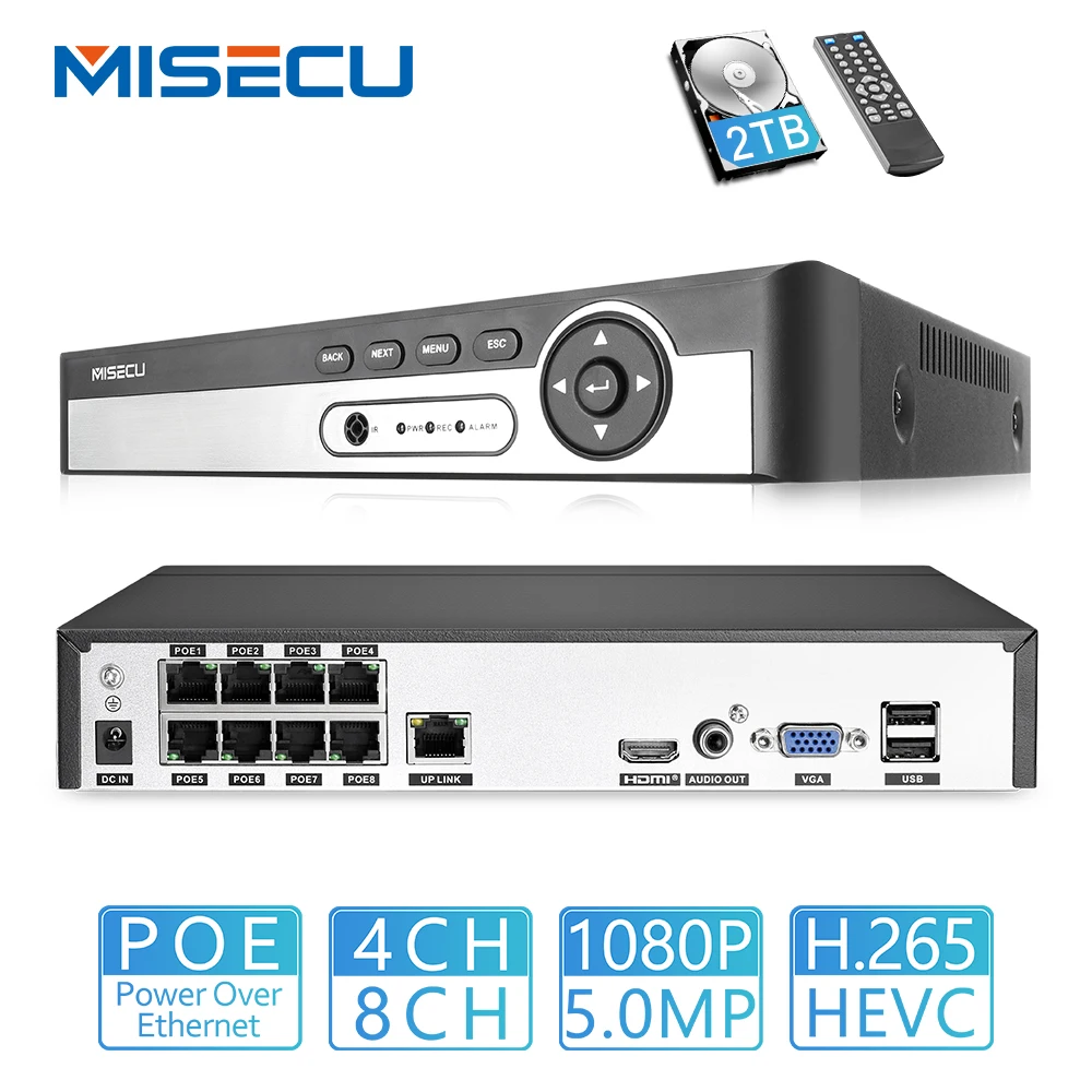 MISECU H.265 Max 5MP 4CH 8CH 48 В POE NVR до 8CH 16CH аудио выход видеонаблюдения безопасности видео рекордер для POE IP камера