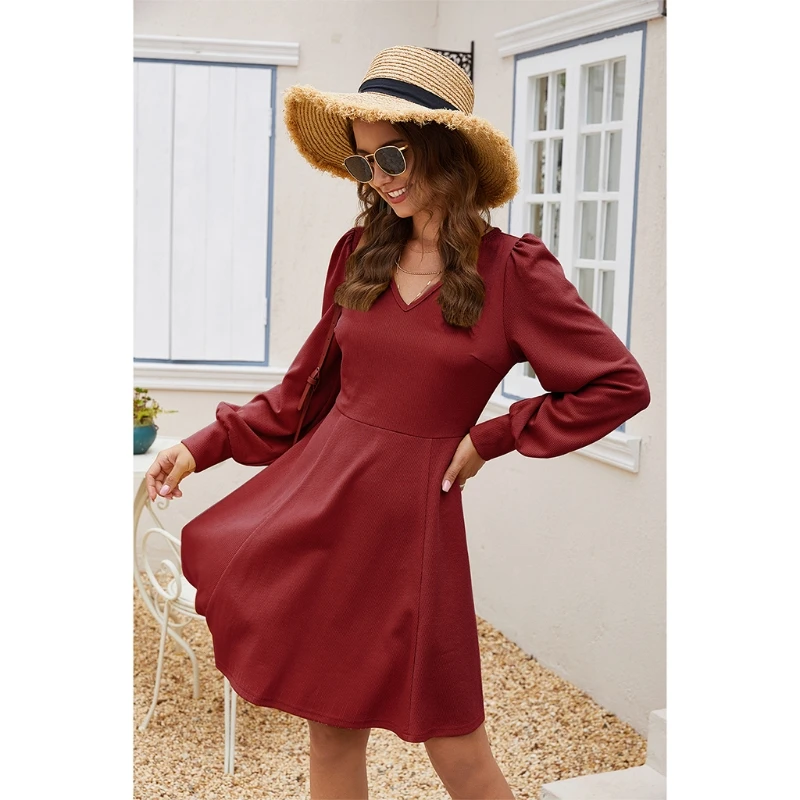

Women Long Sleeves Sexy V Neck Tunic Dress Solid Color Autumn Summer Female Slim Midi Dress Pullover Party Sundress
