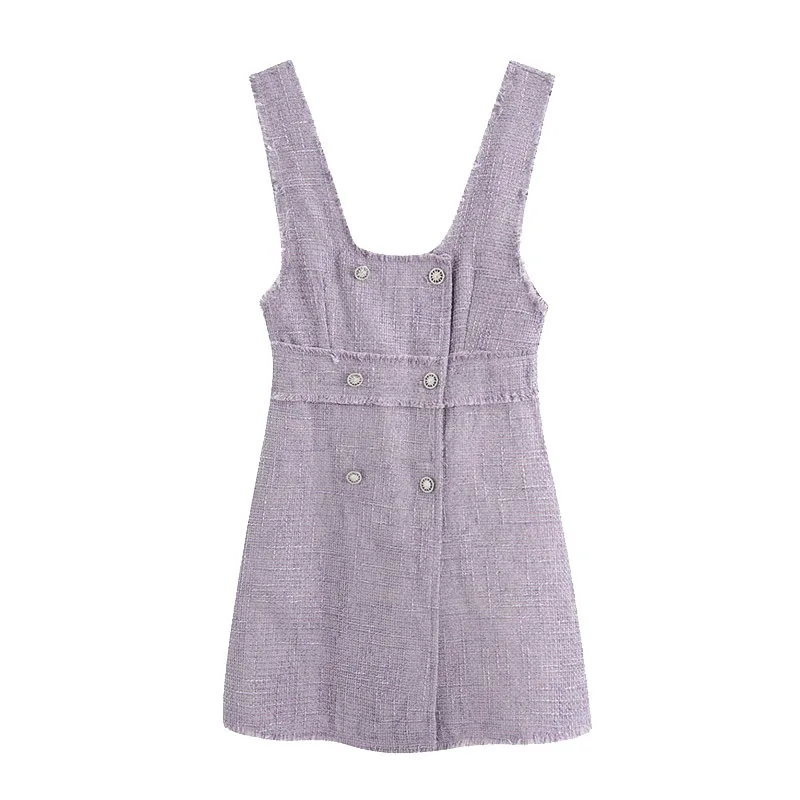 

Женское твидовое мини-платье, милое модное двубортное винтажное платье с потертостями и широкими бретельками