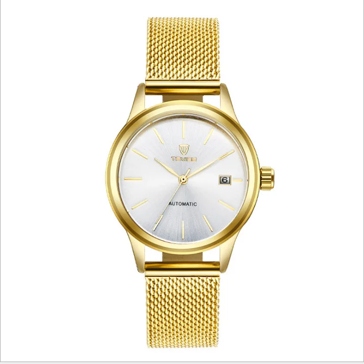 Women-Gold-White TEVISE Топ бренд класса люкс автоматические механические мужские женские часы с браслетом дамские водонепроницаемые сетчатые стальные платья парные наручные часы - Цвет: Women-Gold-White