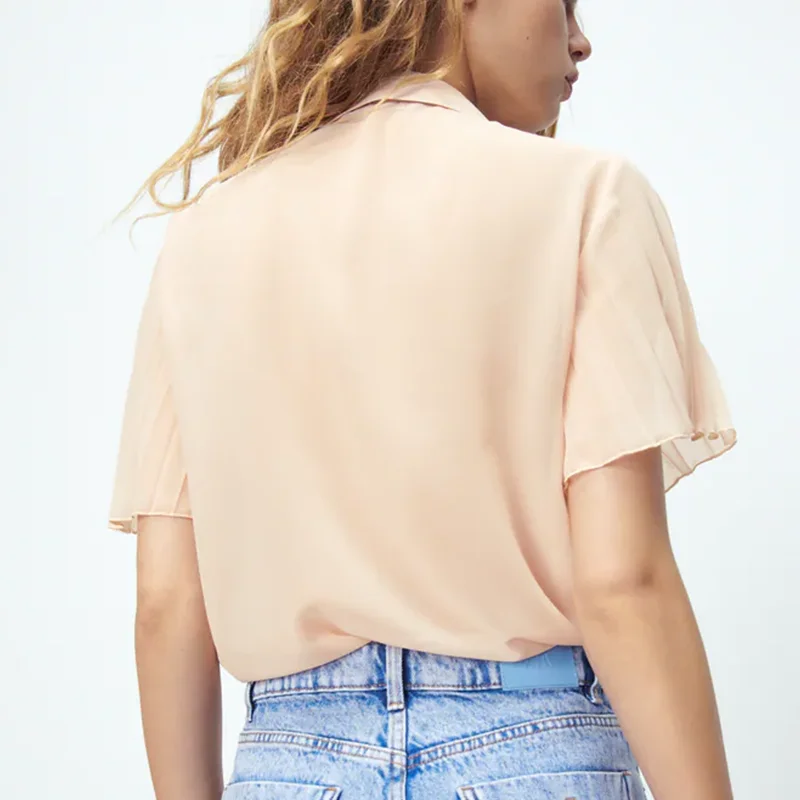

ZA Summer Ladies Bow Blouse 2021 Cascading Ruffle Single Breasted Causal Thin Top Female Short Sleeve O-neck Loose Outfits