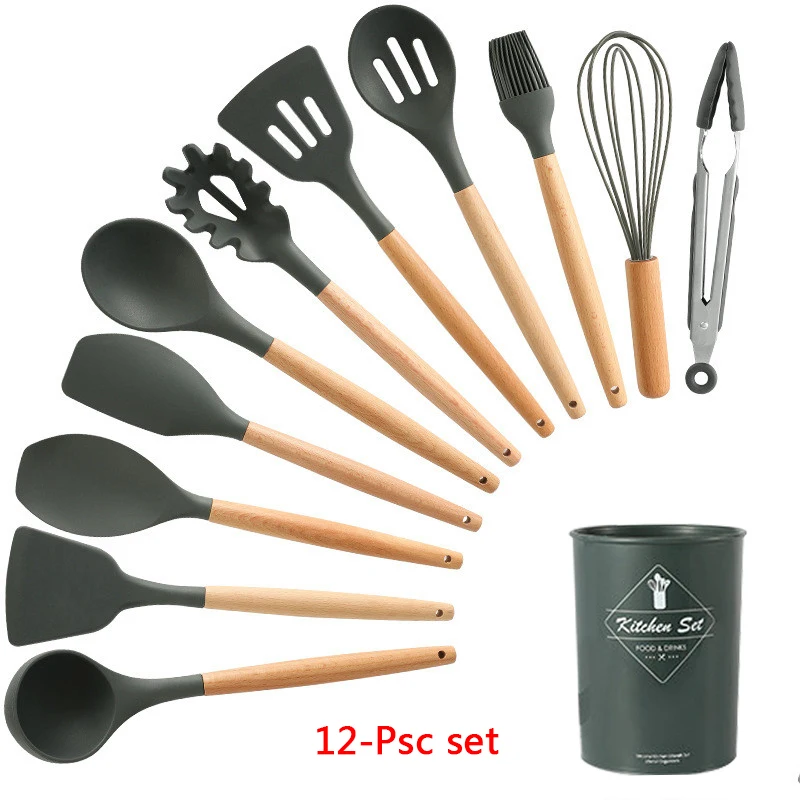 12-Pcs kitchen set 11-13 шт Силиконовая кухонная утварь набор кухонной утвари антипригарный шпатель Премиум деревянная ручка с ящиком для хранения кухонные инструменты - Цвет: 12-Pcs kitchen set