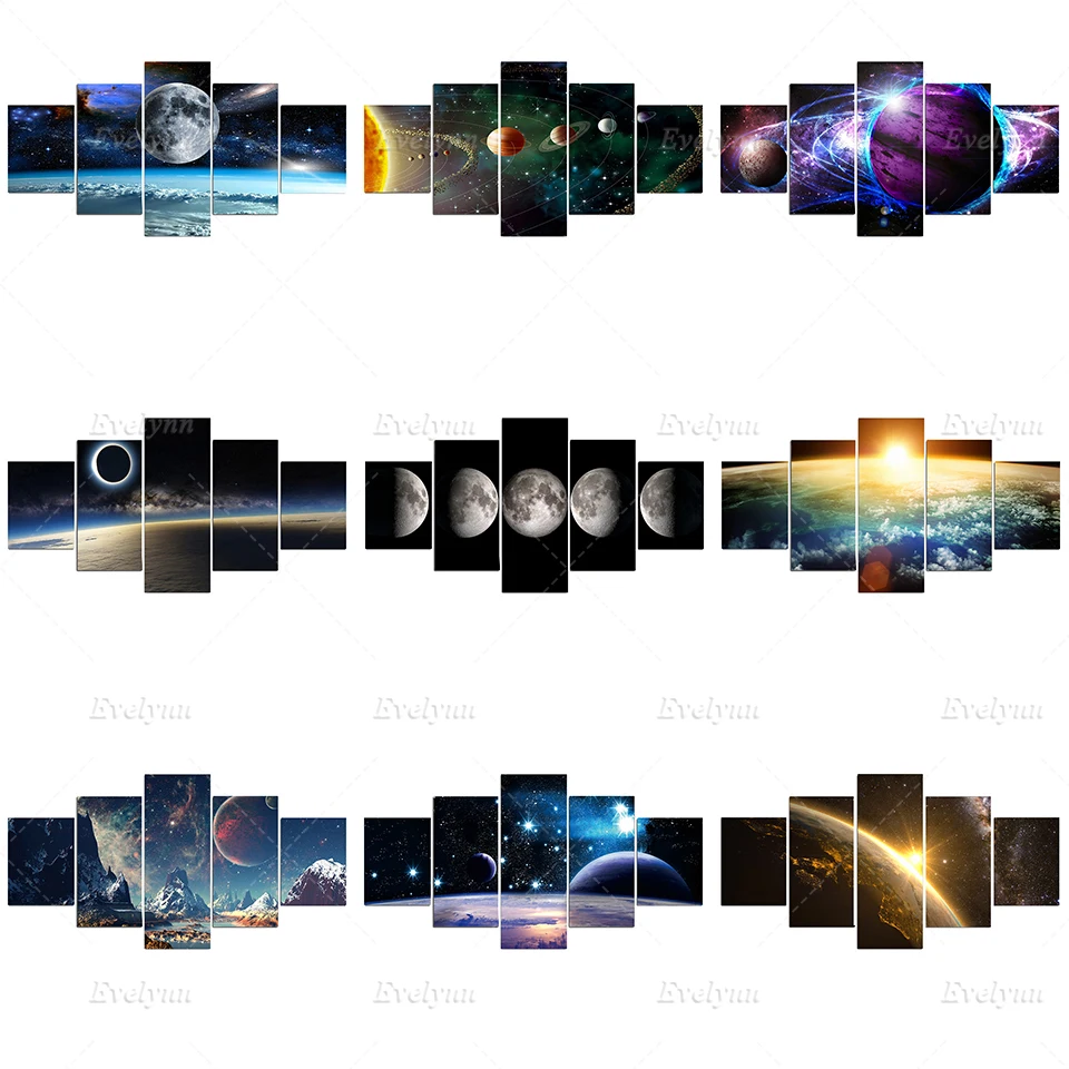 

5 Panel Planet Universe Space Pictures Canvas Painting Starry Sky Poster Print Earth Moon Pictures Living Room Home Decor Frame