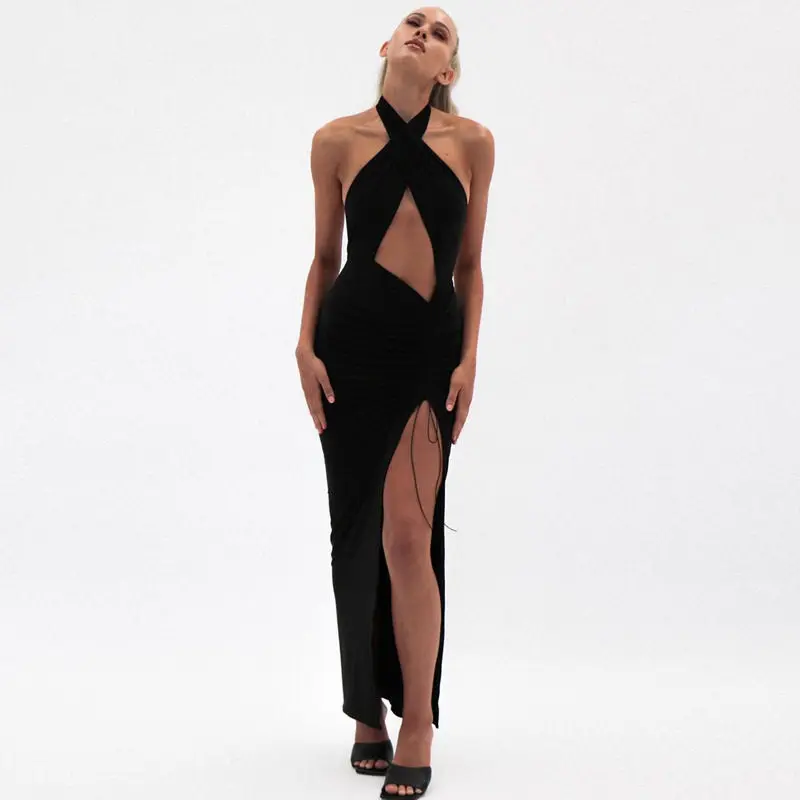 

Sexy White Halter Neck Long Evening Dress High Split Black Robe de Soiree Backless Satin Evening Prom Gowns Criss-cross Vestido
