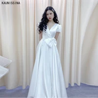 kaunissina satin wedding dress high quality white robe de mariee v neck lace bow a line long wedding gowns beach bride dresses