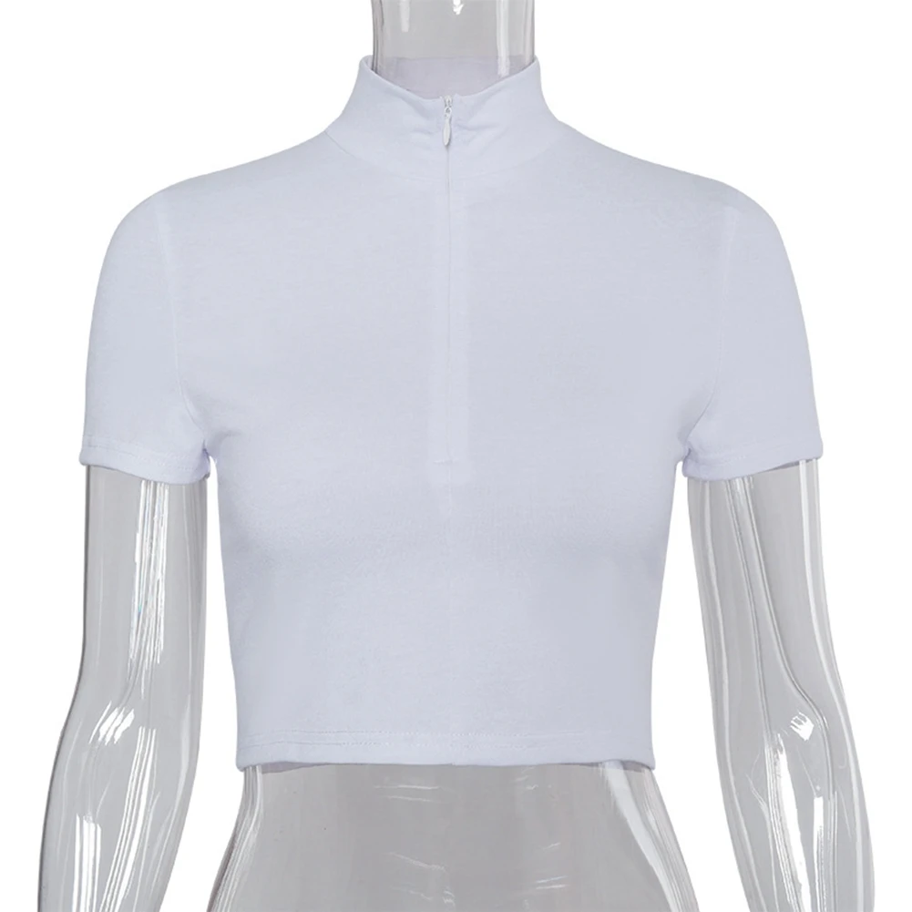 

Camiseta corta de manga corta para mujer, camisa Sexy informal con cuello con cremallera, blanca, de verano, 2020