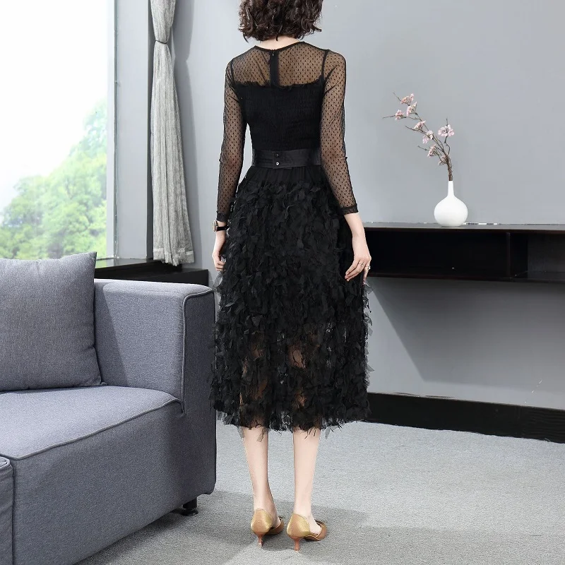 

Dress Ball Gown 2021 Spring Summer Party Vestidos Special Occasion Women Sexy See Through Mesh Lace Patchwork Long Sleeve Dress