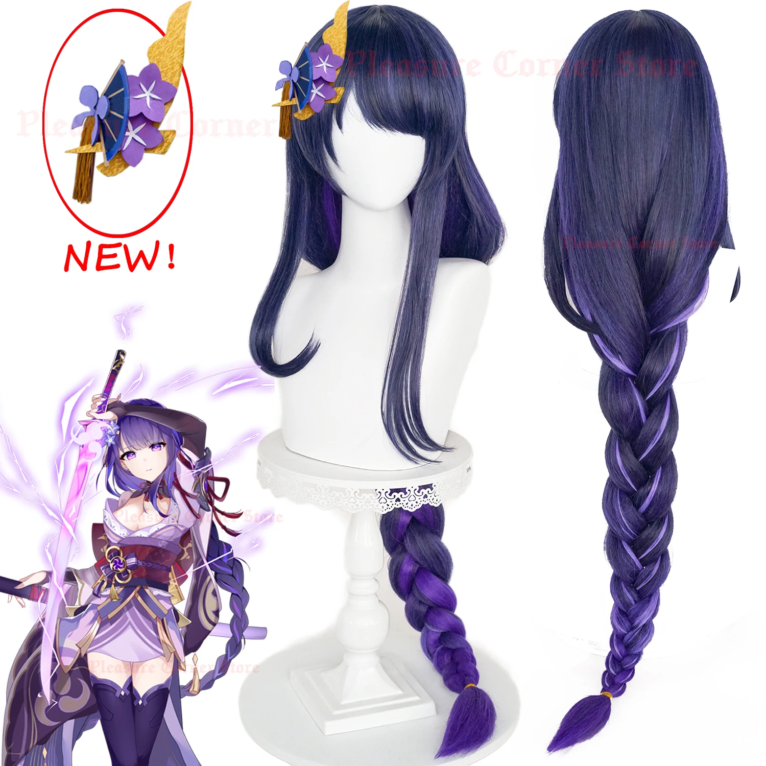 

Game Anime Genshin Impact Raiden Shogun Cosplay Wig Pre Styled 110cm Long Heat Resistant Synthetic Purple Mixed Color Baal Wigs